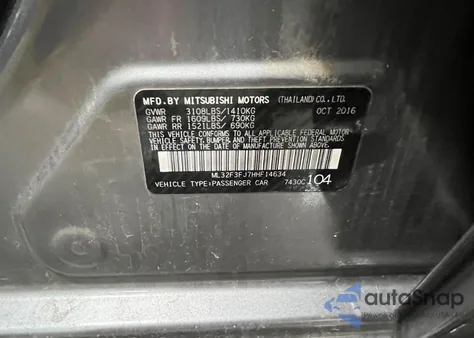 2017 Mitsubishi Mirage G4 Es из США, поврежденный, VIN ML32F3FJ7HHF14634